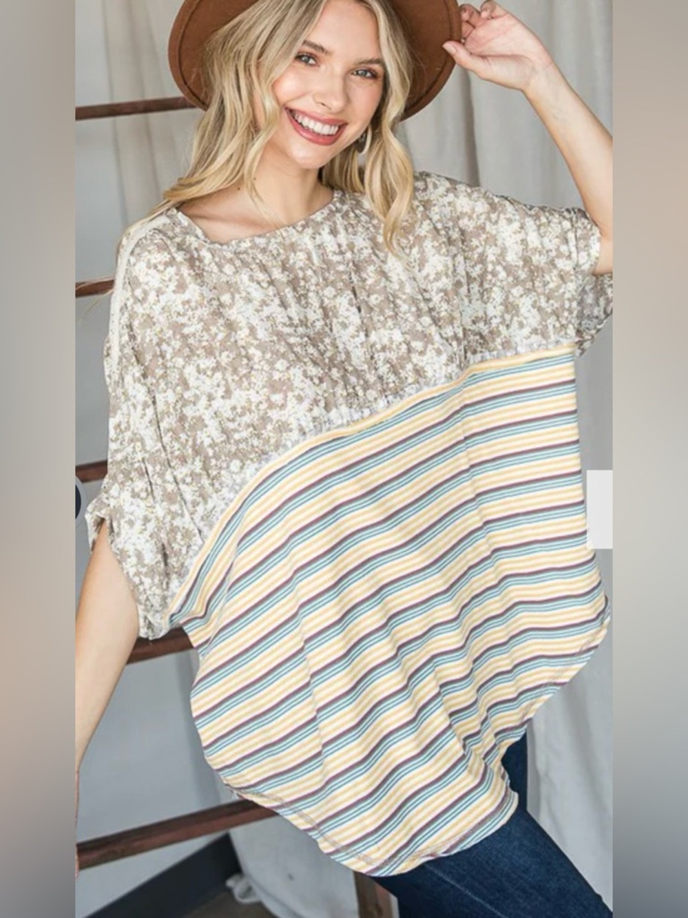 115. NEW OLI & HALI Boho Relaxed Stripe Top  with crochet accent on shoulders.